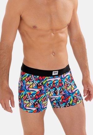 Bunte Herren-Boxershorts mit geometrischem Muster, schwarzem Bund und einer Mischung aus Blau-, Rot-, Grün- und Gelbtönen.