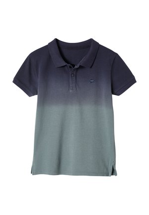 Kurzärmeliges Polohemd mit Zwei-Knopf-Leiste, marineblau, das in hellgrau übergeht, kleines gesticktes Logo auf der linken Brust.
