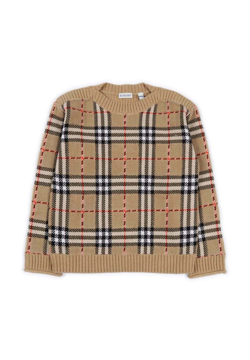 Maglione lavorato a maglia beige con motivo a quadri nero, bianco e rosso; dotato di colletto e polsini a coste; texture morbida.