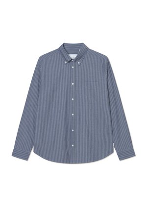 Button-up shirt in blue and gray vertical stripes, long sleeves, collar, single chest pocket, made of soft fabric with a smooth texture.