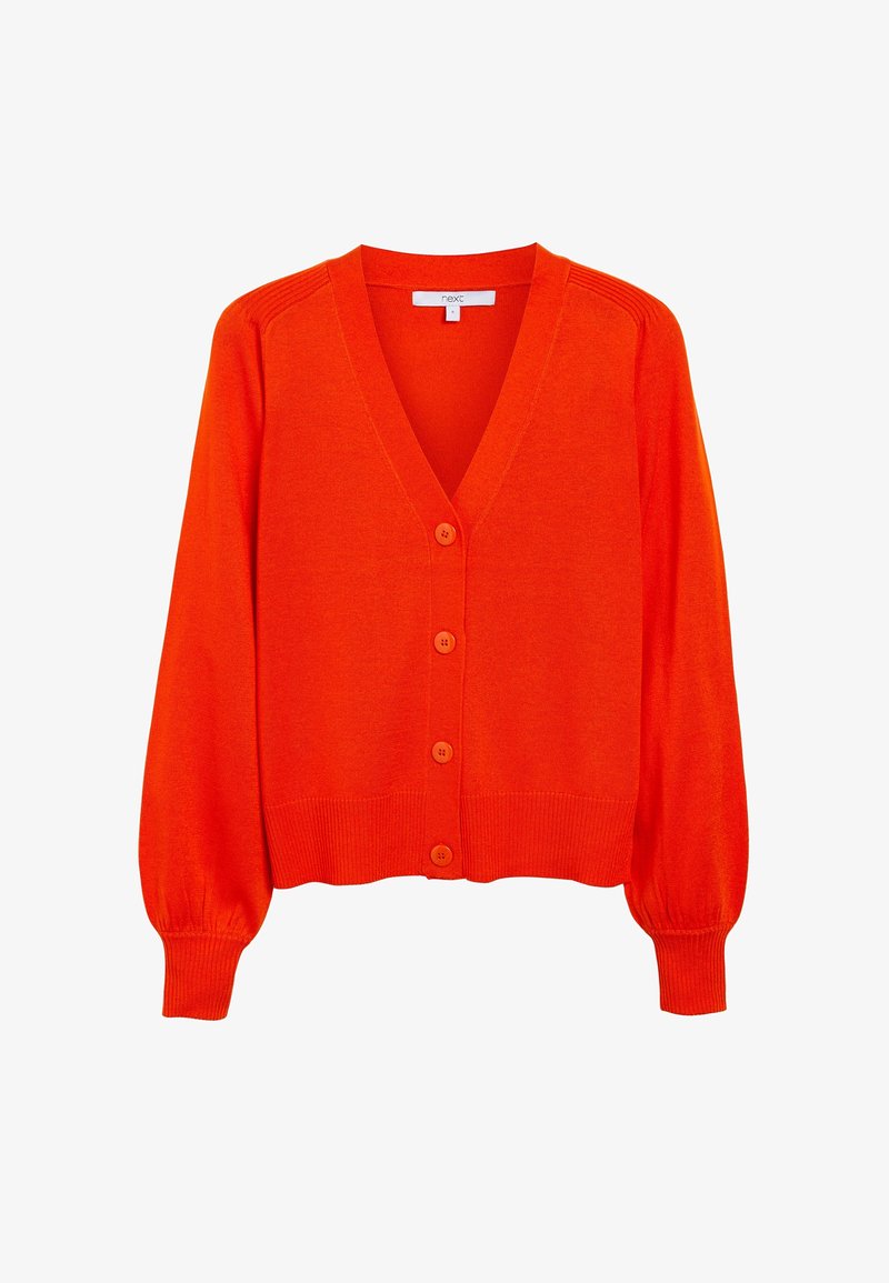 Lebhaftes oranges Strickjacke mit V-Ausschnitt, langen Puffärmeln und fünf Frontknöpfen. Mit gerippten Bündchen und Taillenbund. Aus weichem Strickmaterial.
