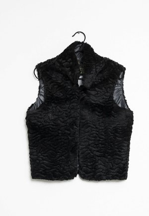 Gilet sans manches en fausse fourrure noire texturée avec un col montant, suspendu à un cintre noir sur un fond blanc.