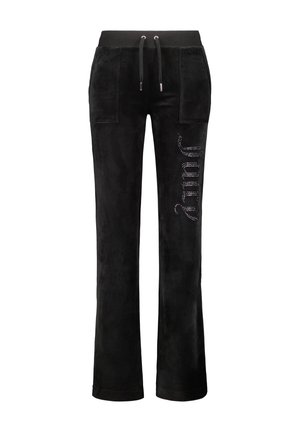 Pantaloni lounge in suede nero con vestibilità rilassata, dotati di due tasche anteriori e decorazioni in strass che formano la scritta "Juicy" sul lato.
