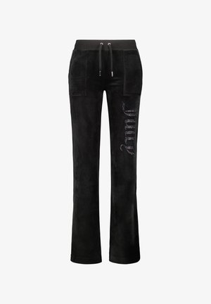 Zwarte suède loungebroek met een relaxte pasvorm, beschikt over twee voorzakken en een strass-versiering met de tekst "Juicy" aan de zijkant.