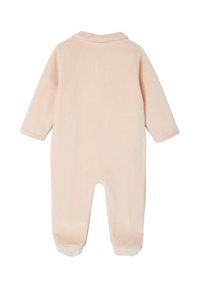 Baby-Fleece-Einteiler in sanftem Beige mit langen Ärmeln und kleinem Kragen, von hinten gesehen.