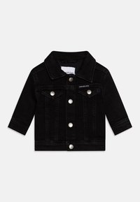 Črn jeans jakna z dolgimi rokavi, ovratnikom, srebrnimi gumbi in dvema žepoma na prsih. Ima čist, strukturiran dizajn.