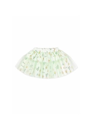 Jupe en tulle vert clair avec taille élastique, décorée de petites broderies florales colorées et de papillons pastel.