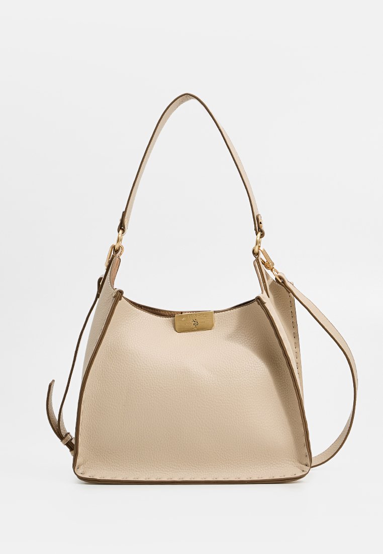 Borsa a spalla in pelle beige con una forma strutturata, caratterizzata da un dettaglio in metallo dorato sul davanti e una tracolla rimovibile.
