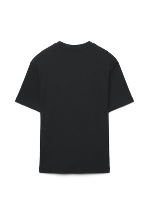 Black short-sleeve t-shirt with a rounded neckline, smooth texture, and a straight cut. The back view shows no additional design elements.