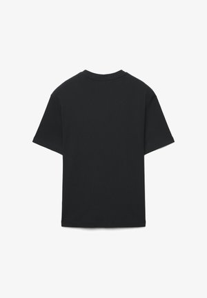 Black short-sleeve t-shirt with a rounded neckline, smooth texture, and a straight cut. The back view shows no additional design elements.