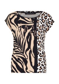 T-shirt à manches courtes avec motif animal en beige, noir et blanc. Les accents texturaux incluent des strass sur le devant.