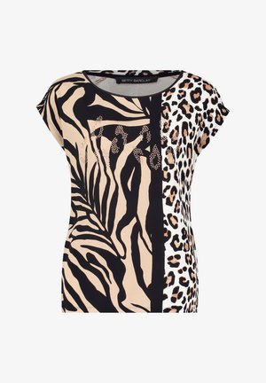 Korte mouw top met dierenprintpatronen in beige, zwart en wit. Textuuraccenten bevatten rhinestones aan de voorkant.
