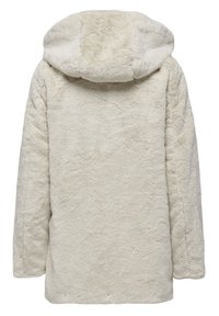 Longue veste à capuche couleur crème, en tissu doux et duveteux, vue de dos, avec manches longues et sans fermetures visibles.