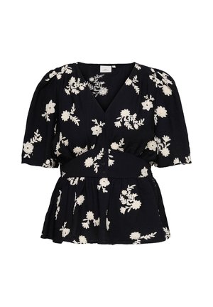 Blusa negra de manga corta con bordado floral blanco, escote en V, cintura fruncida y detalles de botones en la parte delantera.