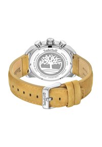 Orologio Timberland in acciaio inox con quadrante circolare argento, cinturino in suede beige e logo incisonato sul retro della cassa. Presenta tre pulsanti.