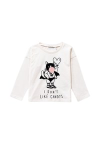 Maglietta a maniche lunghe bianca per bambini con un gatto dei cartoni animati che soffia una gomma da masticare rosa e tiene un palloncino a forma di cuore. Sotto c'è scritto "Non mi piacciono le caramelle".