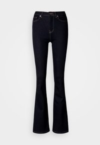 Vaqueros acampanados de mezclilla en azul oscuro. Cuentan con una cintura alta, diseño de cinco bolsillos y costuras en contraste. Textura suave con un brillo sutil.