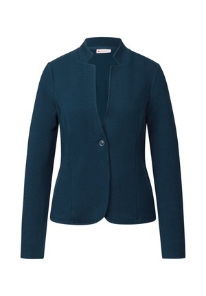Dark blue textured women's blazer with long sleeves, single button closure, and a slightly fitted silhouette.