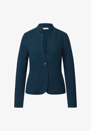 Dark blue textured women's blazer with long sleeves, single button closure, and a slightly fitted silhouette.
