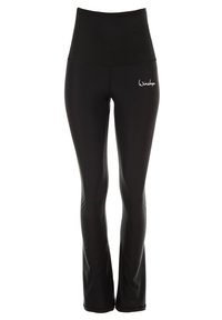 Black high-waisted leggings made of stretchy fabric, featuring a flared design and a small white logo on the front left hip.