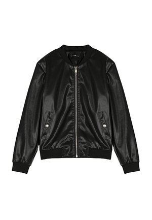 Schwarze Bomberjacke aus glänzendem synthetischen Material mit einem Reißverschluss auf der Vorderseite, gerippten Bündchen und seitlichen Taschen mit silbernen Knopfakzenten.