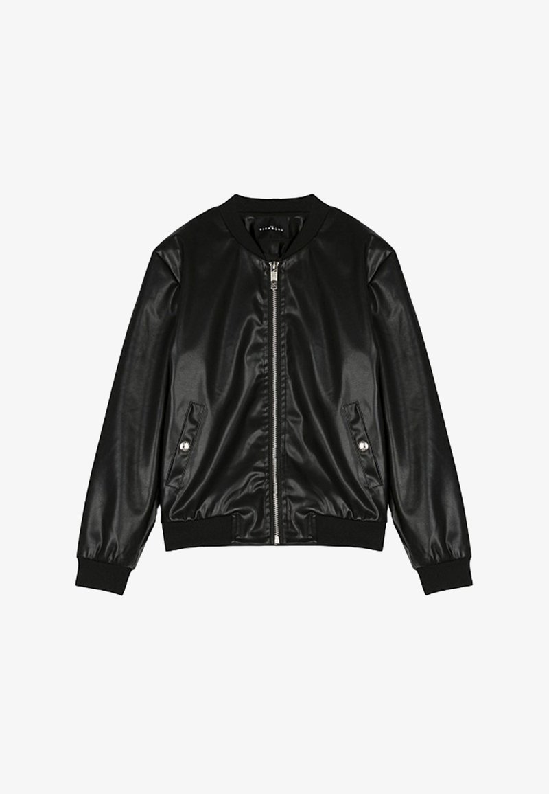 Giacca bomber nera realizzata in materiale sintetico lucido, con chiusura zip, polsini a costine e tasche laterali con accenti di bottoni argentati.