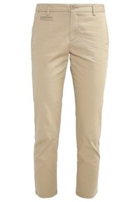 Beige slim-fit chinos med knäppning, bältesömmar, framfickor och platt frontdesign.