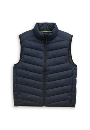 Gilet imbottito blu navy senza maniche con cerniera frontale e collo alto, progettato per un calore leggero.