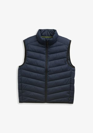 Gilet imbottito blu navy senza maniche con cerniera frontale e collo alto, progettato per un calore leggero.