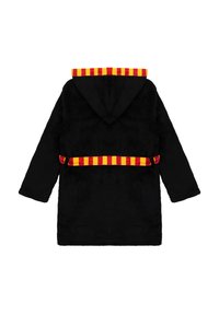 Black plush bathrobe with a hood. Features a red and yellow striped trim at the hood and waist. Long sleeves and tie belt included.
