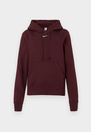 Maroon hoodie lavet af bomuld, med en forlommeslomme, snøre og et lille hvidt logo på brystet. Simpelt design med ribbede manchetter.