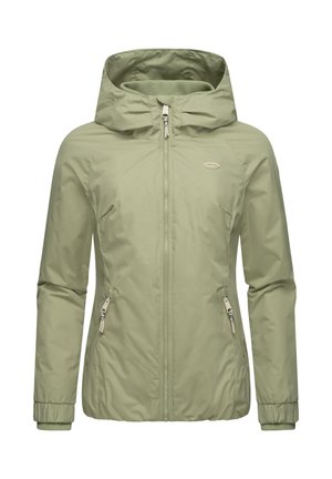 Light green hooded jacket with a front zipper, elastic cuffs, and two side zippered pockets. Smooth, water-resistant fabric with logo detail.