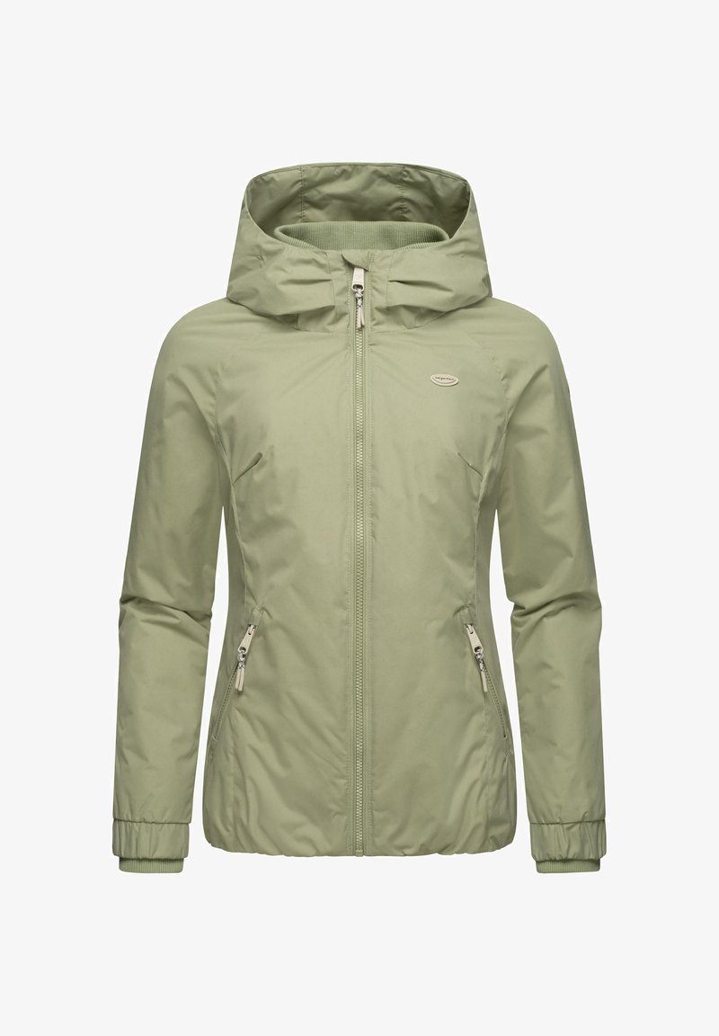 Lys grønn hettejakke med glidelås foran, elastiske mansjetter og to sidelommer med glidelås. Glatt, vannavstøtende stoff med logodetalj.