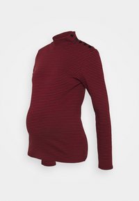 Jersey de maternidad de rayas rojas y negras con cuello alto y mangas largas, con detalles de botones en el hombro y una tela elástica para mayor comodidad.