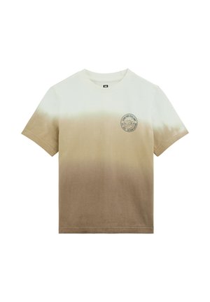 T-shirt a maniche corte con scollo rotondo, sfumato dal beige al bianco, con logo grafico rotondo all'aperto sul petto sinistro.