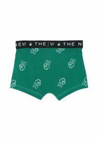 Zöld pamut boxer alsónadrág, fehér békejelek ismétlődő mintázatával, fekete derékpánttal, rajta a "THE NEW" felirattal.