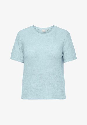 Maglione corto a maniche corte azzurro chiaro con scollo rotondo e tessuto a trama, mostrato su sfondo bianco.