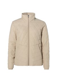 Beige gewatteerde jas met hoge kraag, rits aan de voorkant en diagonale stikpatronen met lange mouwen. Zacht, warm materiaal.