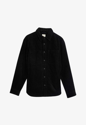 Zwarte corduroy shirt met lange mouwen, knoopsluiting aan de voorkant, twee borstzakken en een kraag. Heeft een geribbelde textuur en een afgeronde zoom.