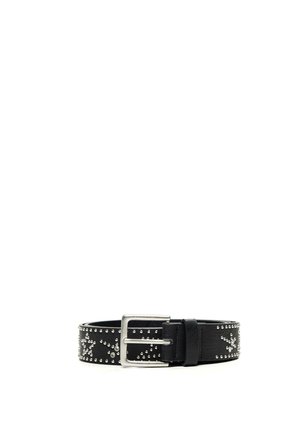 Black leather belt with silver buckle and decorative silver studs forming floral patterns around the strap.