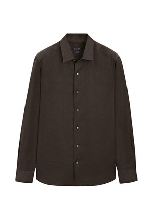 Dark brown long-sleeve button-up shirt with pointed collar and standard cuffs, displayed front-facing on a white background.