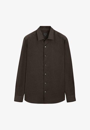 Dark brown long-sleeve button-up shirt with pointed collar and standard cuffs, displayed front-facing on a white background.