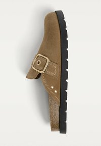 Brown suede clogs with a wide strap and gold buckle, rubber sole, and textured finish. Featuring a natural wood-like midsole and stitching details.