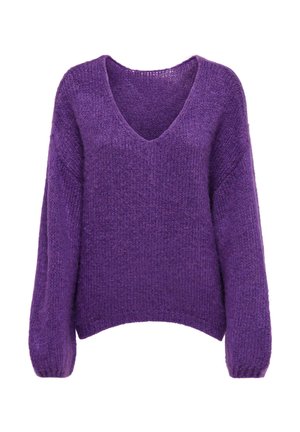Pull en tricot violet avec manches longues et col en V, avec une texture douce et légèrement duveteuse.