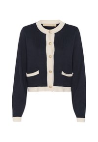 Navy cardigan with cream accents, featuring a round neckline, long sleeves, and five decorative buttons. Two front pockets included.