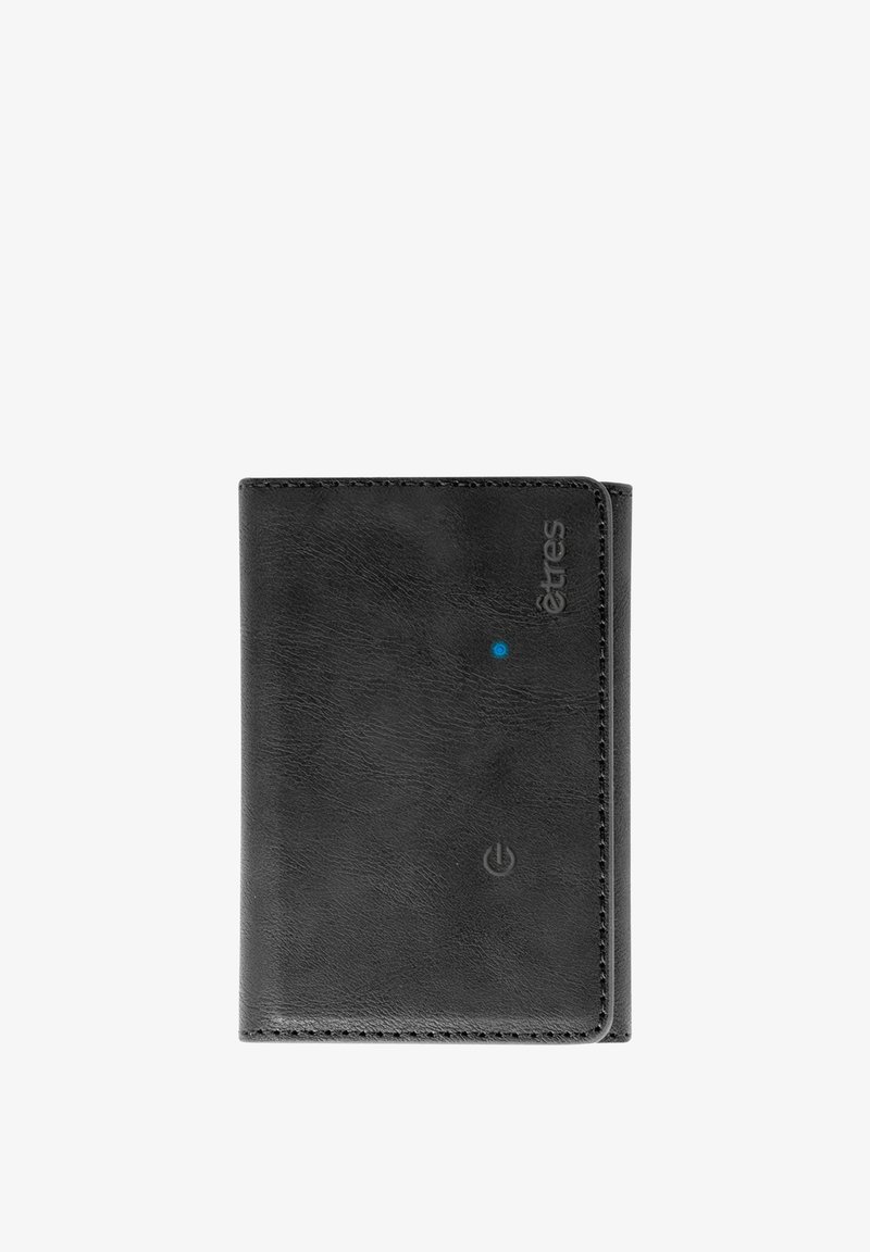 Zwarte leren portemonnee met een gestructureerde afwerking, voorzien van een kleine blauwe LED-indicator en een reliëflogo aan de voorkant. Compact, opvouwbaar ontwerp.