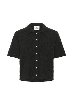 Black short-sleeve textured shirt with pointed collar and front pearl buttons, displayed on a white background.