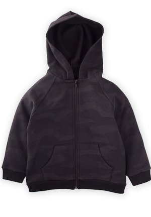 Donkergrijze zip-up hoodie met een gestructureerd camouflagepatroon, voorzakken en een capuchon met trekkoord. Ribgebreide manchetten en zoom.