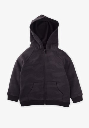 Dunkelgrauer Reißverschluss-Hoodie mit einem strukturierten Camouflage-Muster, Fronttaschen und einer Kordelzugkapuze. Rippbündchen und -saum.