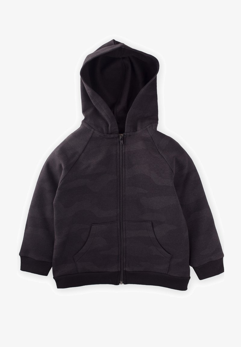 Tmavošedá mikina na zips s textúrovaným maskáčovým vzorom, predné vrecká a kapucňa na sťahovanie. Rybované manžety a spodný lem.
